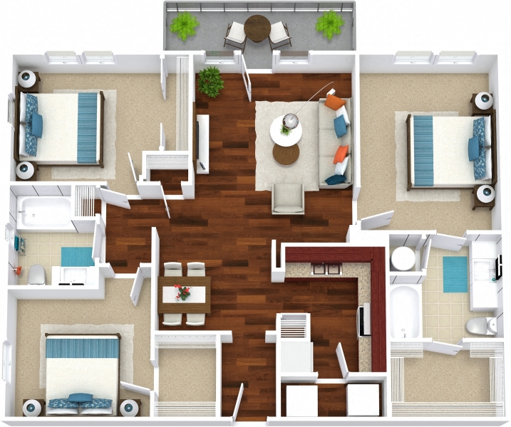 Floor plan for 3 beds, 2 baths, 1200 sqft